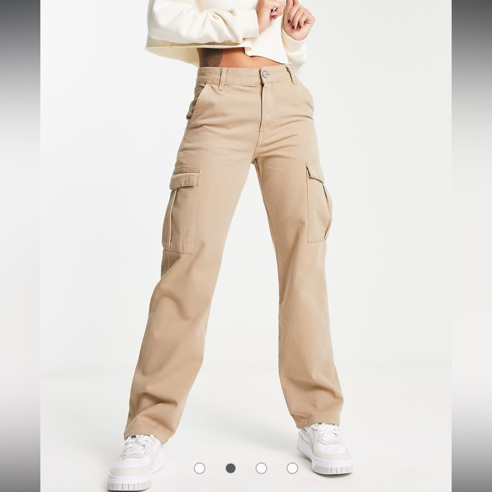 Pull&Bear high waisted straight leg cargo pants in beige